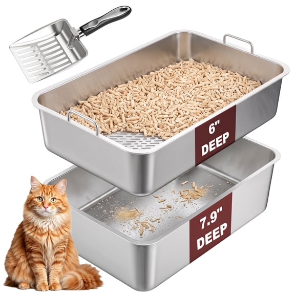 Stainless Steel Sifting Cat Litter Box for Pine Pellets, 23.6" x 15.7" x 7.9" Large Metal Litter Box with Sifter, for Large Cats & Multi-Cat Home
