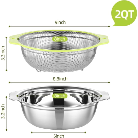 Stainless Steel 2-Quart Rice Strainer & Mixing Bowl Set, Microporous Colander with Handle, Food-Grade Kitchen Strainers for Pasta, Fruits & Vegetables, Dishwasher Safe