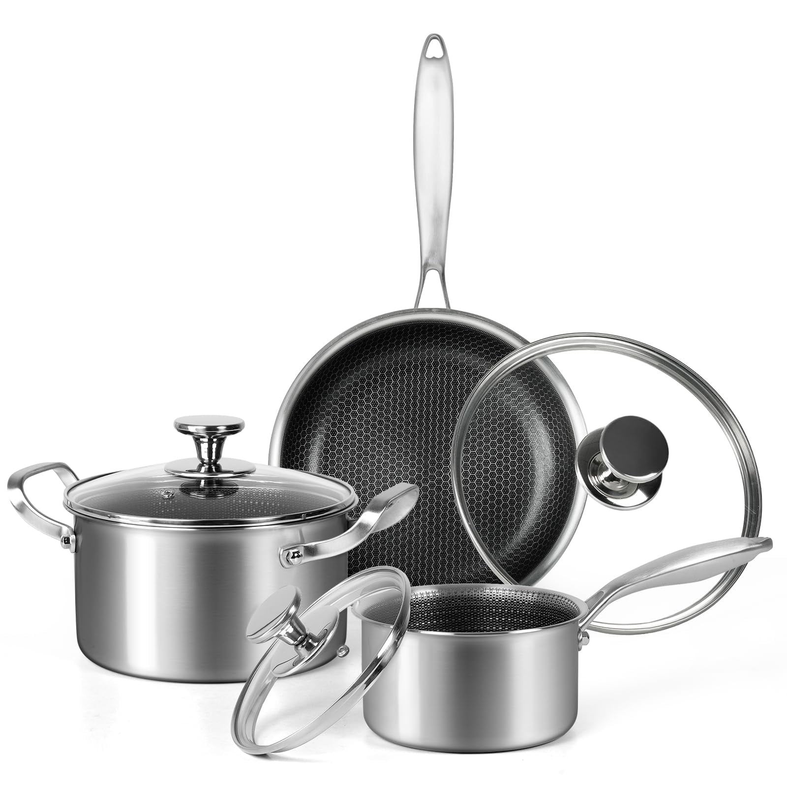 Innerwell Stainless Steel Pots and Pans Set 6Pcs Nonstick Kitchen Cookware Sets Honeycomb Coatings W/Frying Pans & Saucepans&Stockpots