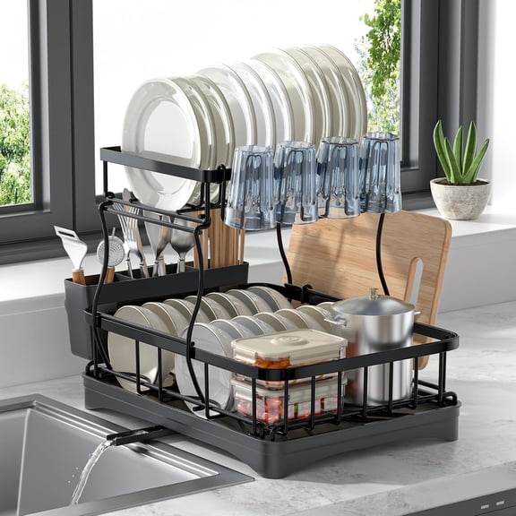 Stainless Steel 2 Tier Dish Drying Rack with Drain Tray, Retractable Outlet for Knives Forks Pots Pans Kitchen Countertop Sink Storage