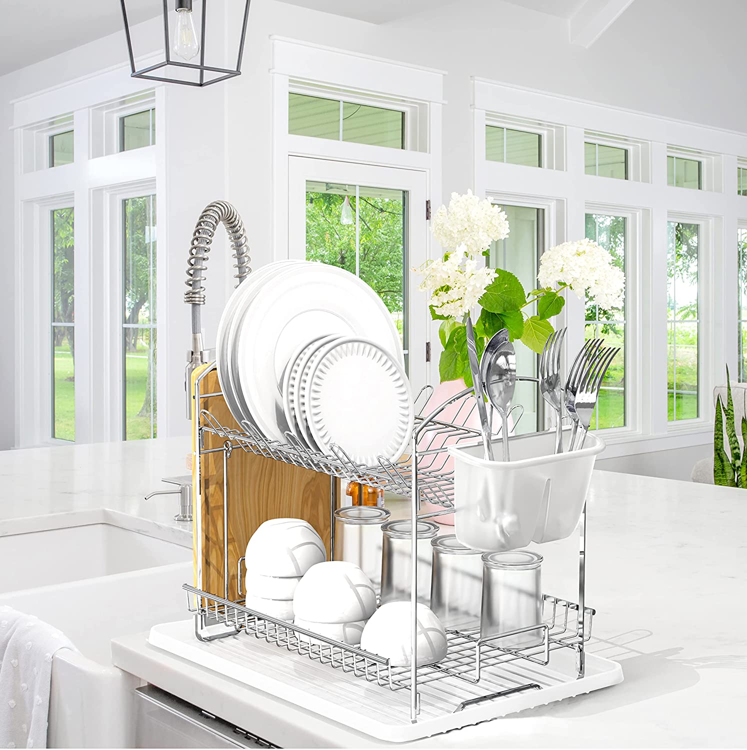 2-Tier Stainless Steel Dish Rack with Drainboard, Chrome Kitchen ...