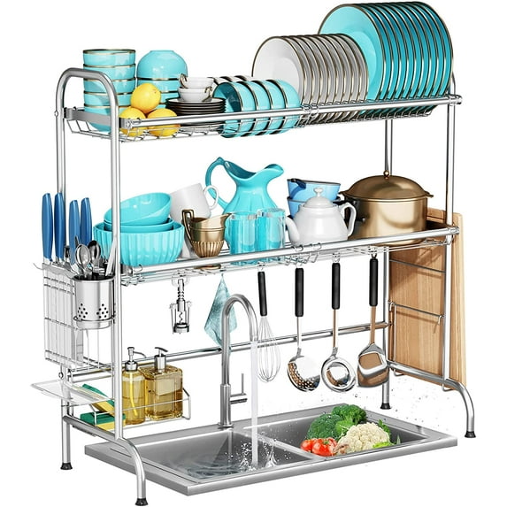 Stainless Steel 2 Tier Large Over The Sink Dish Rack, Sink Rack with Utensil Holder for Organizer Dishwasher Kitchen Counter (Silver,fit Sink≤32"/81 cm)