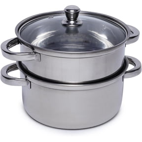 Stainless Steel 2-Tier Steamer Pot with Glass Lid, 8-Inch (20 cm) | Encapsulated Base | Steamer for Vegetables, Dumplings, Momos, Pasta & More | Induction & Gas Compatible