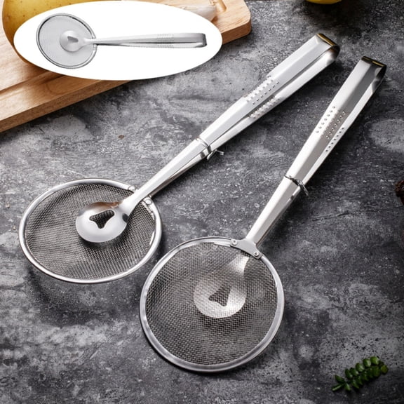 Stainless Steel 2-in-1 Frying Strainer Clip Deep Fry Mesh Strainer and Oil Filter Tongs for Crispy Fried Chicken Fish Fries Heat Resistant Kitchen Skimmer Ladle