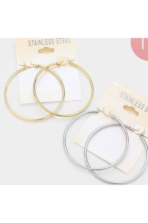 1 PAIR-Stainless Steel 2" pierced silver or gold hoop earrings