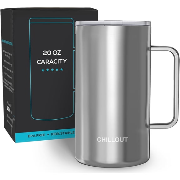 Stainless Steel 20 oz Vacuum Insulated Coffee Mug with Handle and Lid, Large Thermal Camping Coffee Mug Cup with Durable Sliding Lid for Men & Women, Keeps your Beverages Hot/Cold