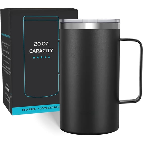 Stainless Steel 20 oz Vacuum Insulated Coffee Mug with Handle and Lid, Large Thermal Camping Coffee Mug Cup with Durable Sliding Lid for Men & Women, Keeps your Beverages Hot/Cold