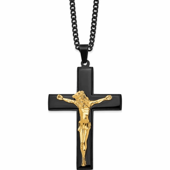 Stainless Steel 24In Polished Black & Yellow Ip-Plated Crucifix Necklace (24 X 40) Made In China -Jewelry By Sweet Pea