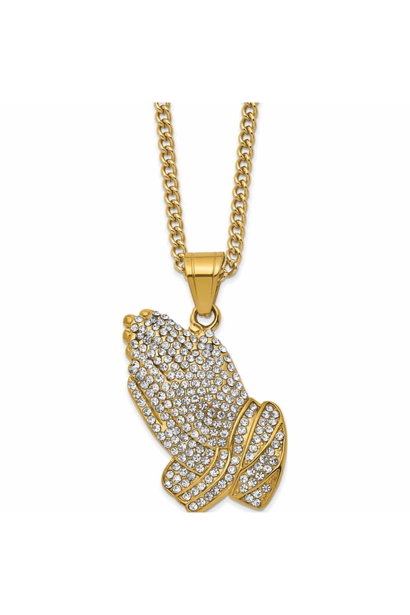 Stainless Steel 24In Polished Yellow Ip With Crystal Praying Hands Necklace (24 X 38) Made In China -Jewelry By Sweet Pea