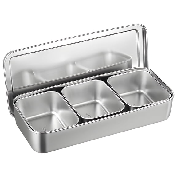 Stainless Steel 3-Compartment Condiment Server Set, Food-Safe Container with Lids, 33.8 fl oz / 1000 ml Each Grid, Length 13.1 in / 33.5 cm, for Kitchen and Commercial Use