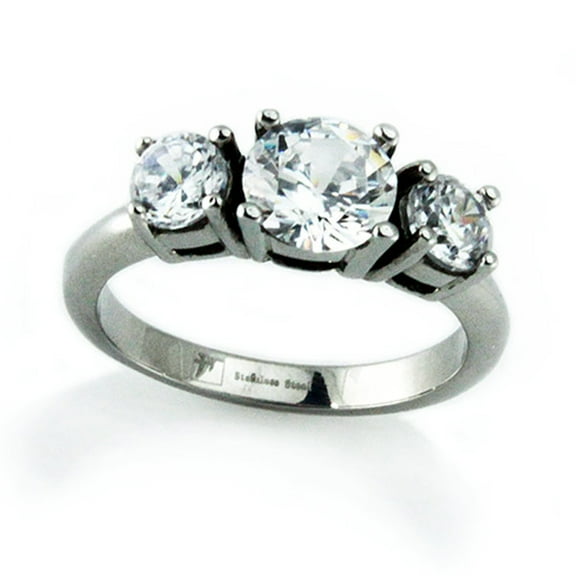 Stainless Steel 3 Crown Cubic Zirconia Solitaire Promise Engagement Ring