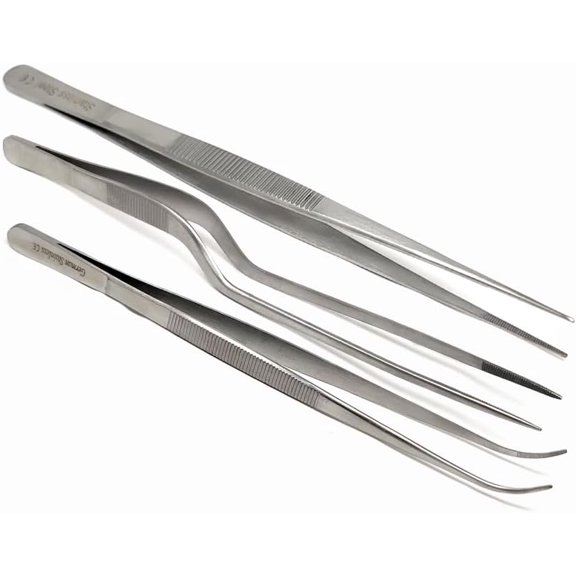 Stainless Steel 3 Pcs Kitchen Fine Food Tweezers 8" Long Tongs for Feeding, Planting, Grilling, Plating, Décor - Straight + Offset + Curved
