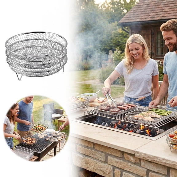 Stainless Steel 3-Tier BBQ Grill Rack, Round & Square Grid Barbecue Grate with Even Heat Distribution, Multi-Functional Grill for Outdoor Cooking Patio Backyard, Air Fryer Compatible
