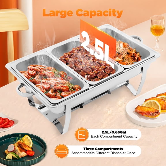 StainlessSteel 3Tier Chafing Dish Set  410SS, AlcoholFuel Heating, 2.5L per Compartment, Lid & Carry Handles, Freestanding Frame for Parties, Buffets & Outdoor Events