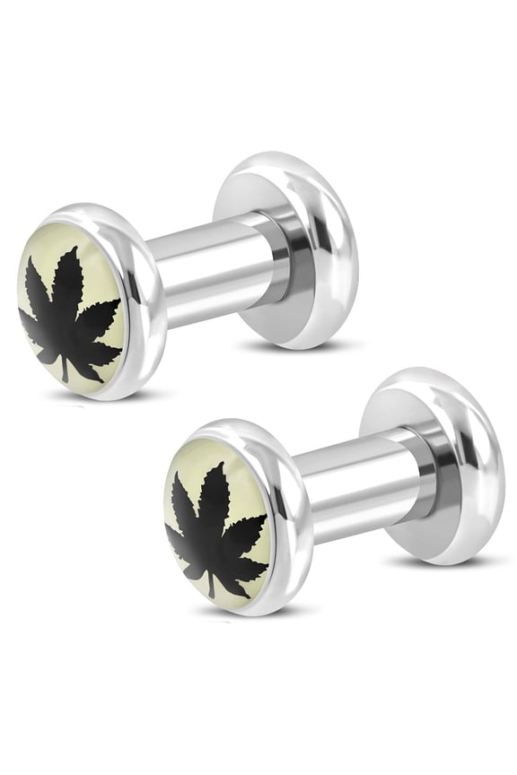 Stainless Steel 3-Tone Marijuana Ganja Leaf Screw Ear Plugs, Pair