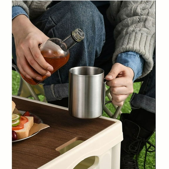 Stainless Steel 304 Camping Cup Foldable Handle Outdoor Drinking Cup Portable Travel Mug Heat Resistant Cup Picnic Beverage Container Summer Drinkware Beer Cup Hiking Essential