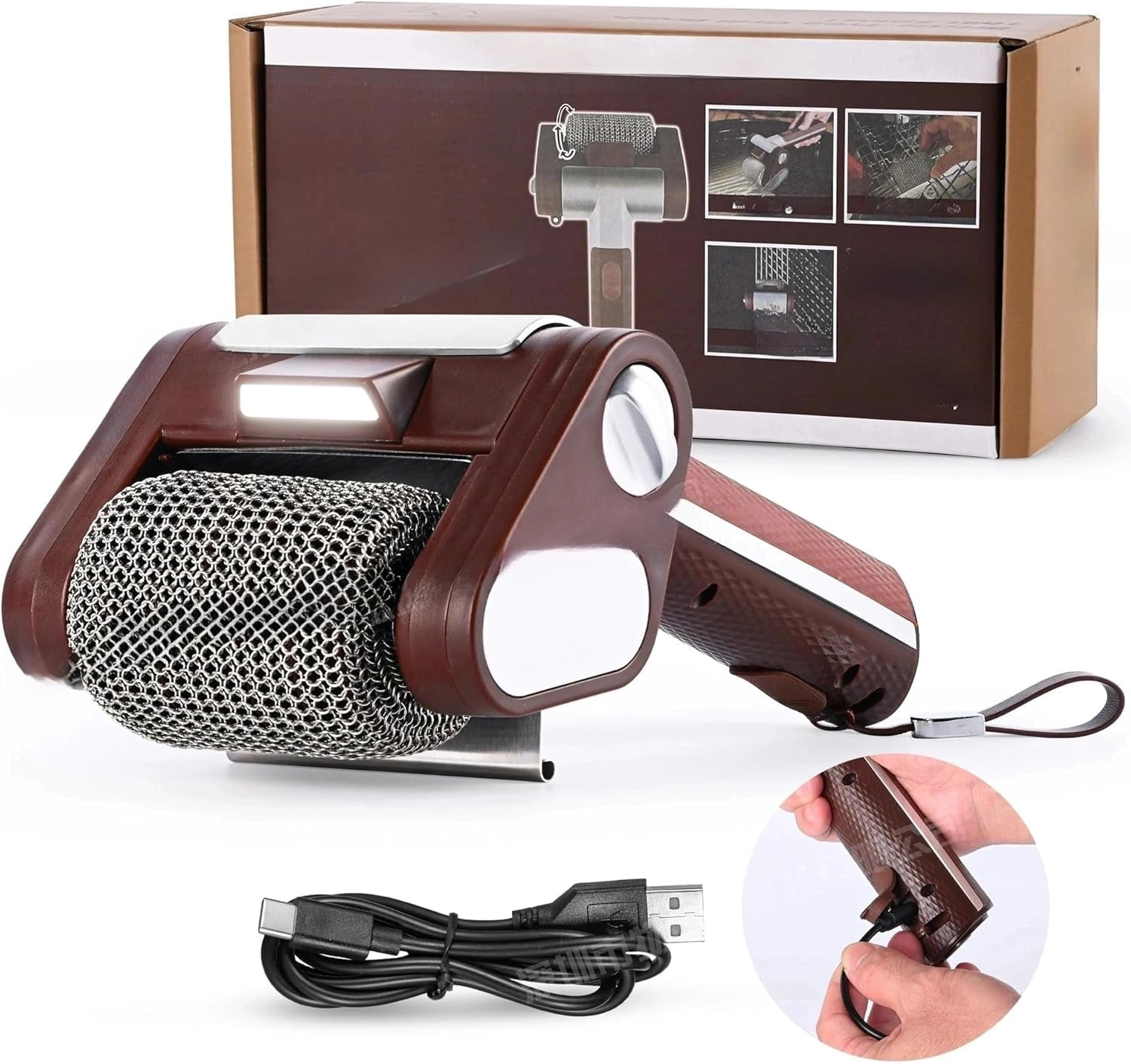 Stainless Steel 304 LED BBQ Roller Brush, Bristle-Free Grill Cleaner with LED Light, Rechargeable 4000mAh Battery