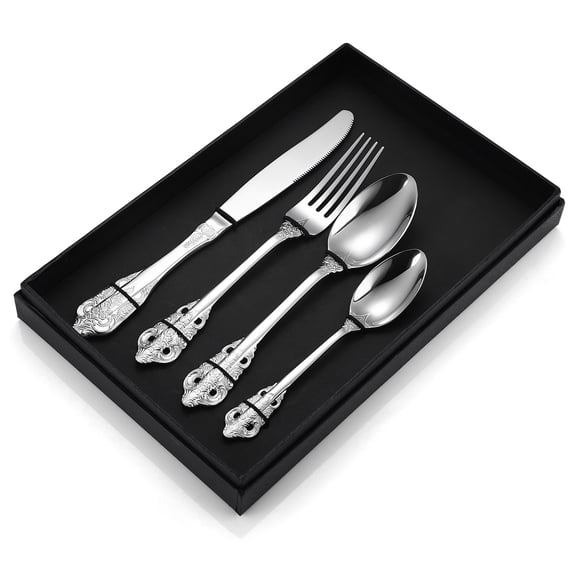 Stainless Steel 304 Retro Palace Relief Tableware Set of Four Pieces, Home Gold Western Food Knives, Forks, Spoons, Gifts, Gold Silver Set of Four Pieces