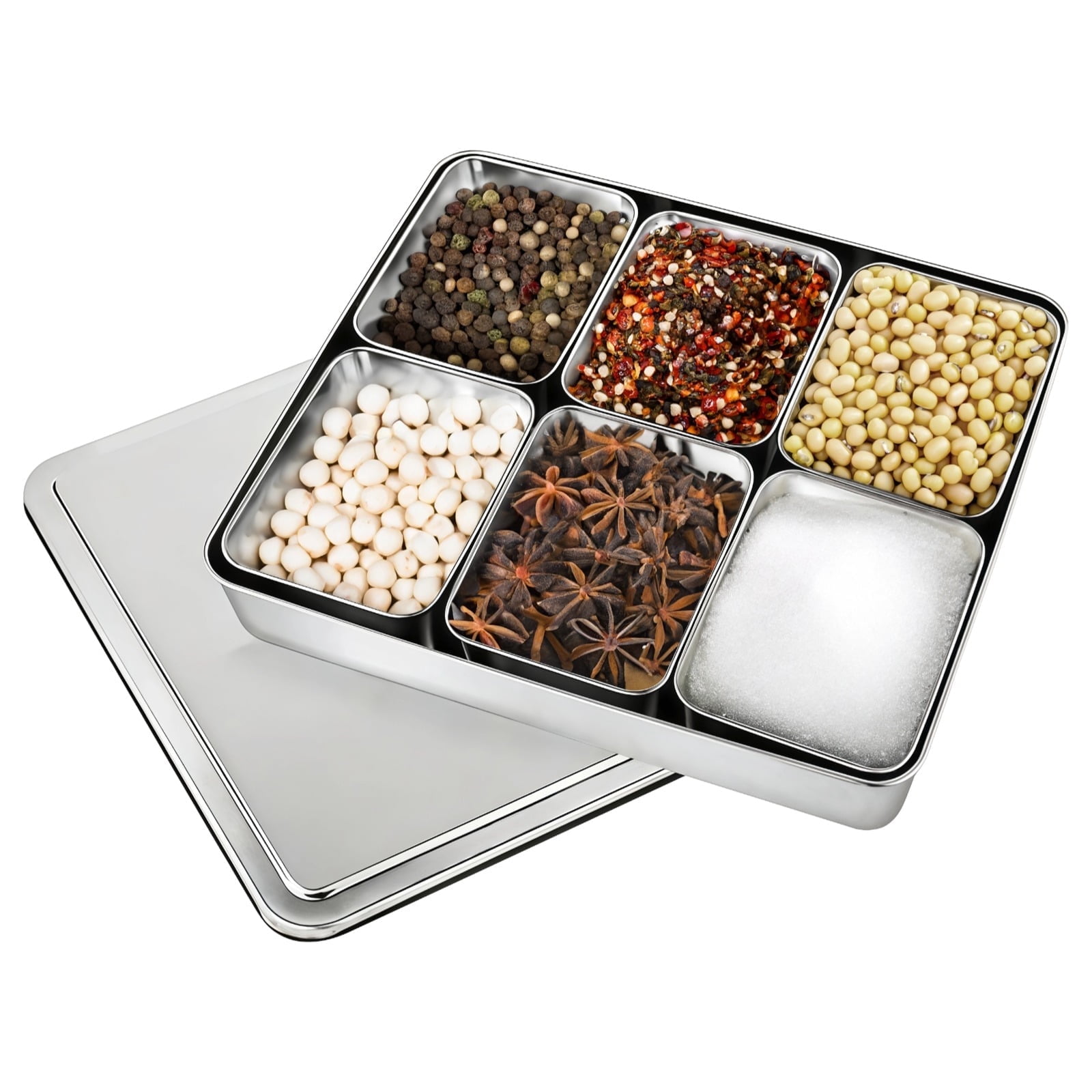 6-Compartment Spice Box, Stainless Steel Condiment Storage Container ...