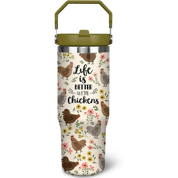 Stainless Steel 30oz Vacuum Insulated Floral Chicken Tumbler with Handle & Flip Straw - Spill Proof Travel Mug, Rooster Decor Gift for Chicken Lovers