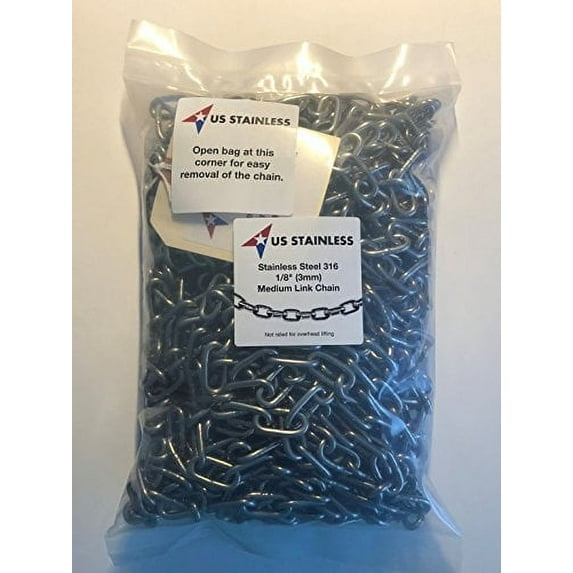 Stainless Steel 316 Chain 1/8" (3mm) Medium Link Chain 50' in Poly Bag
