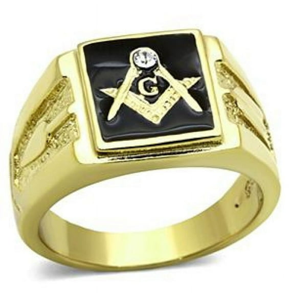 Stainless Steel 316 Freemason Gold Plated CZ Masonic Ring, Size 13