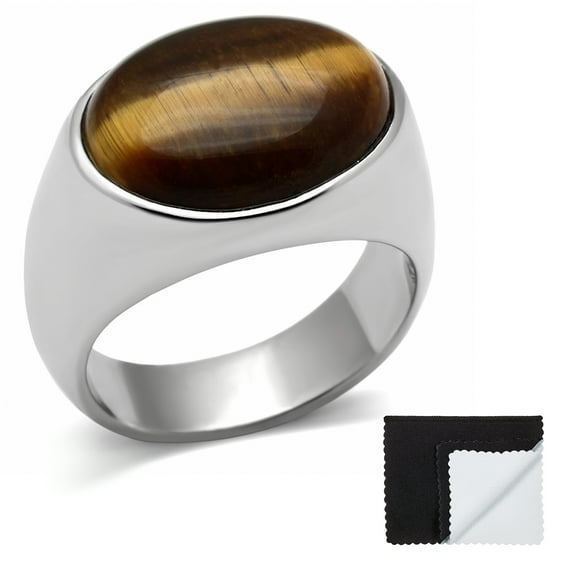 Stainless Steel 316 High Polished Oval Synthetic Tiger Eye Ring, Size 13