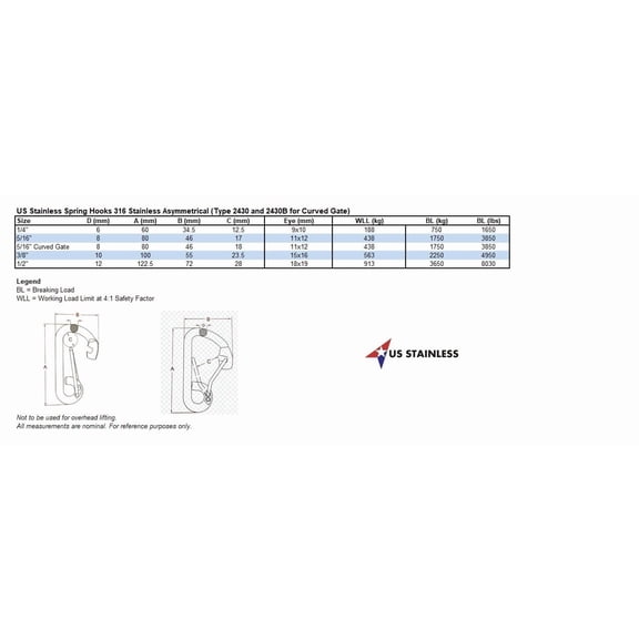 Stainless Steel 316 Spring Hooks 3/8" (10mm) 2 Pack