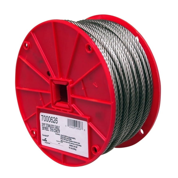 Stainless Steel 316 Wire Rope on Reel, 7x19 Strand Core, 3/16" Bare OD, 250' Length, 740 lbs Breaking Strength