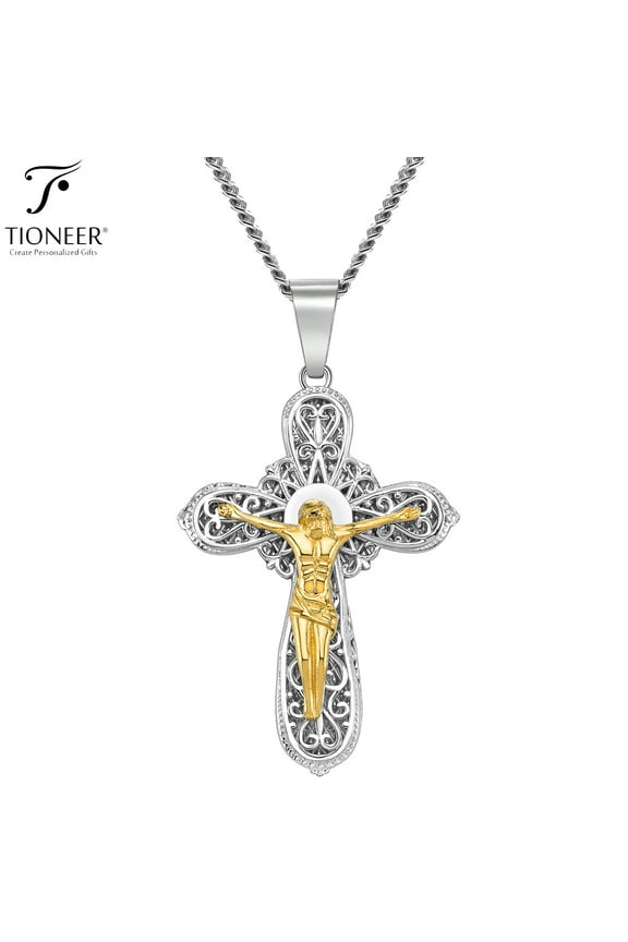 Stainless Steel 316L Cross Crucifix with Yellow Gold Jesus Accent Pendant Necklace w/ 24" Chain