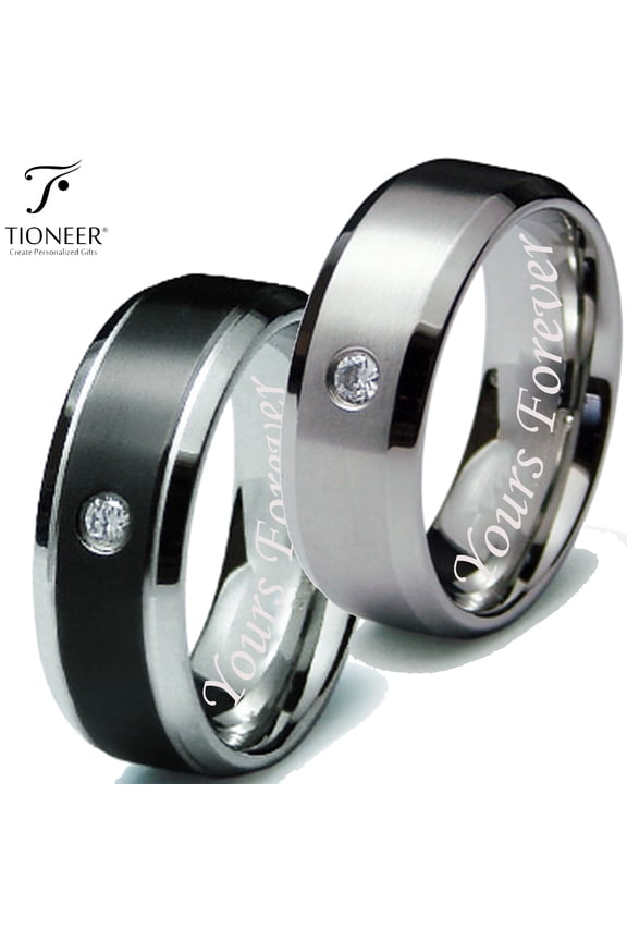 Stainless Steel 316L Cubic Zirconia Beveled Edge 8mm Wedding Band Ring Silver or Two-Tone w/ FREE Yours Forever Engraving