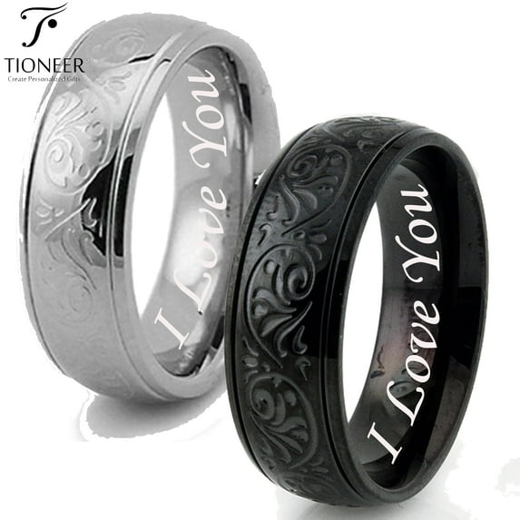 Stainless Steel 316L Embossed Filigree Floral in Silver or Black Wedding Band Promise Ring Comfort Fit 8MM I Love You Engraved
