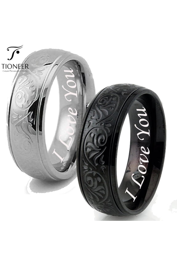 Stainless Steel 316L Embossed Filigree Floral in Silver or Black Wedding Band Promise Ring Comfort Fit 8MM I Love You Engraved