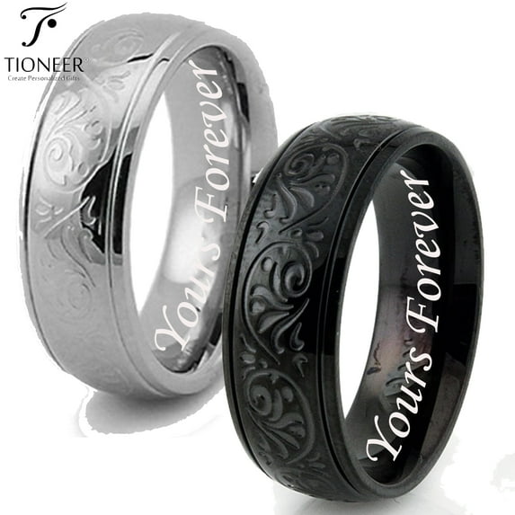Stainless Steel 316L Embossed Filigree Floral in Silver or Black Wedding Band Promise Ring Comfort Fit 8MM Yours Forever Engraved