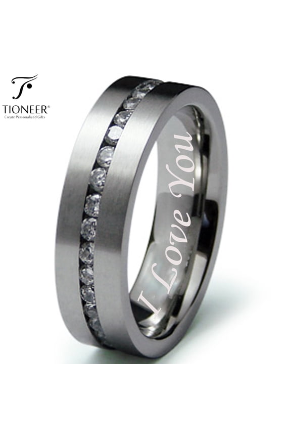 Stainless Steel 316L Eternity Cubic Zirconia Flat Top Wedding Band Promise Ring Comfort Fit 7MM I Love You Engraved