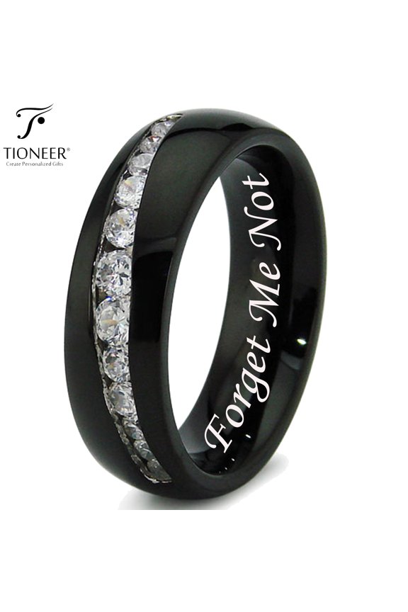 Stainless Steel 316L Tapered Cubic Zirconia Wedding Band Promise Ring Comfort Fit 7MM Forget Me Not Engraved