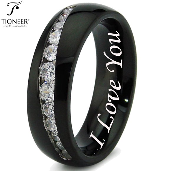 Tioneer Stainless Steel 316L Tapered Cubic Zirconia Wedding Band Promise Ring Comfort Fit 7MM I Love You Engraved