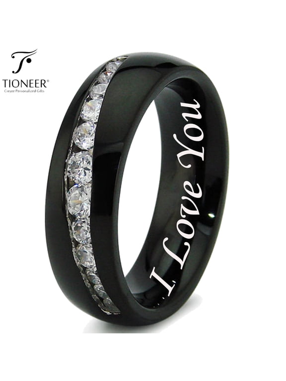 Stainless Steel 316L Tapered Cubic Zirconia Wedding Band Promise Ring Comfort Fit 7MM I Love You Engraved