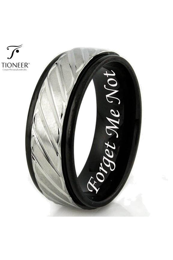 Stainless Steel 316L Two-Tone Black-Silver Braided Groove Wedding Band Promise Ring Comfort Fit 8MM Forget Me Not Engraved