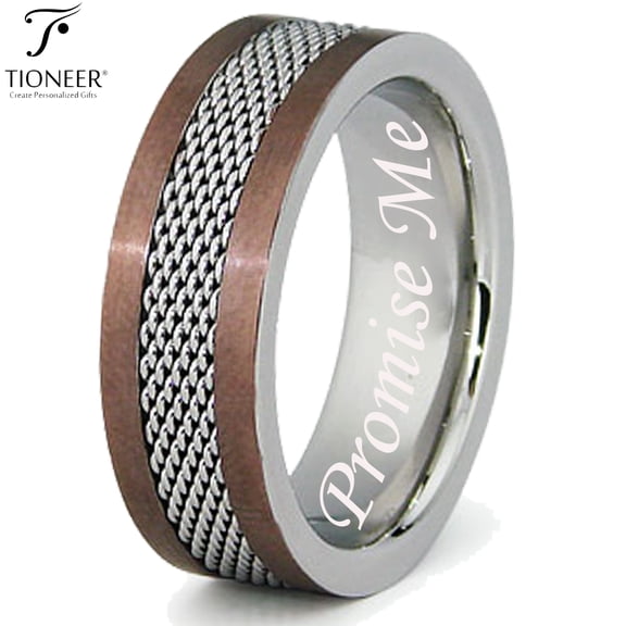 Stainless Steel 316L Two-Tone Mesh Center Strip Wedding Band Promise Ring Comfort Fit 8MM Promise Me Engraved
