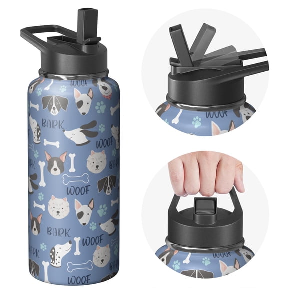 Stainless Steel 32oz Hydration Canteen - Leakproof, Vacuum Insulated Double Walled, for Camping Hiking Sports, Keeps Drinks Hot and Cold, Gift for Dog Fans