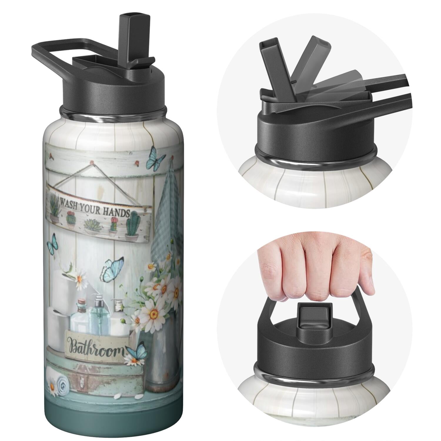 Stainless Steel 32oz Triple Layer Insulated Farmhouse Themed Water Bottle with Straw, Leak Proof Lids for Sports, Travel, Gym For All Genders