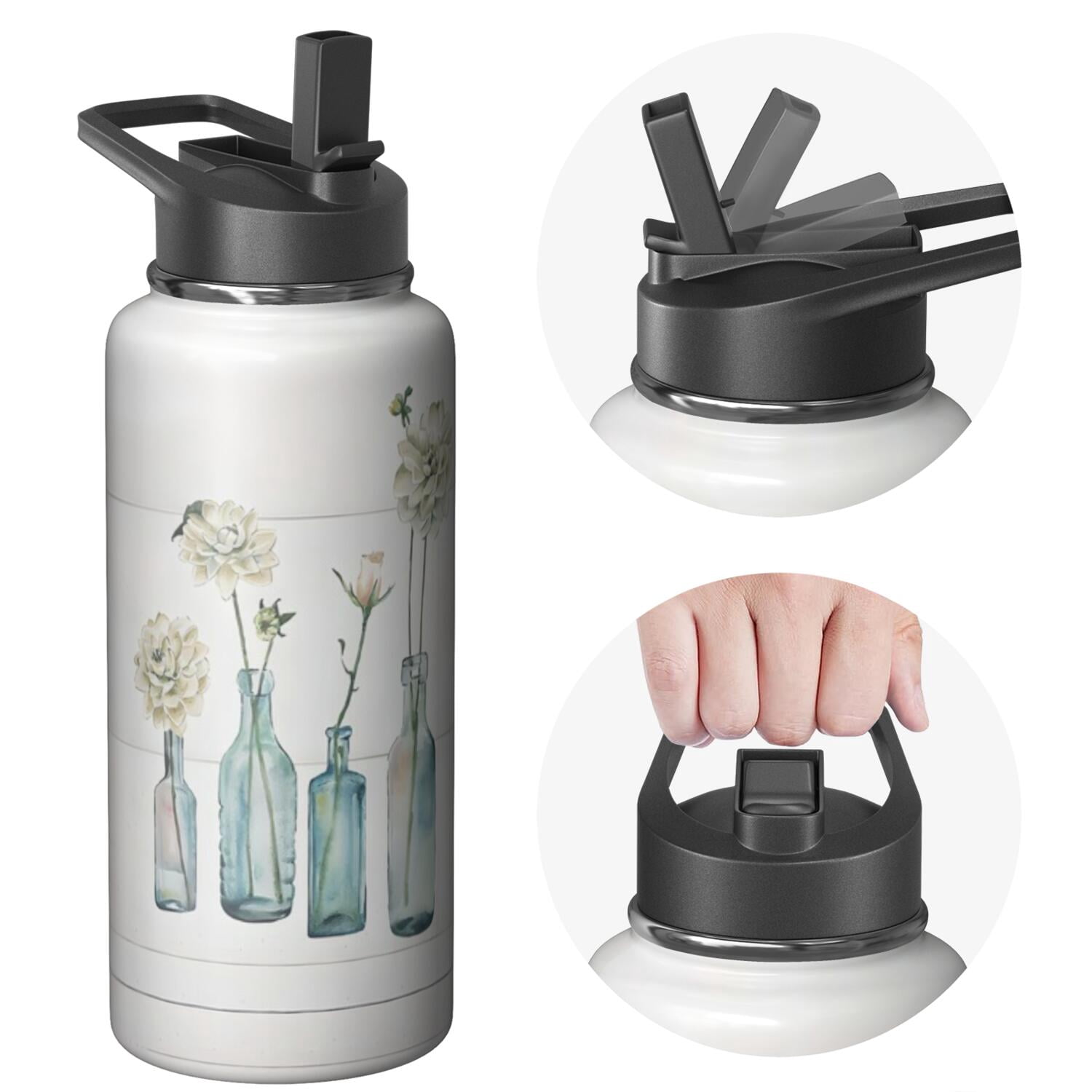 Stainless Steel 32oz Triple Layer Insulated Farmhouse Themed Water Bottle with Straw, Leak Proof Lids for Sports, Travel, Gym Unisex