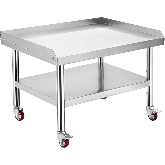 Stainless Steel 36x28x24 inch Equipment Grill Stand Table, 1000 lbs Top Shelf, 220 lbs Bottom Shelf, 2" Edge Baffle, for Hotel, Home, Commercial Restaurant Kitchen with Wheel