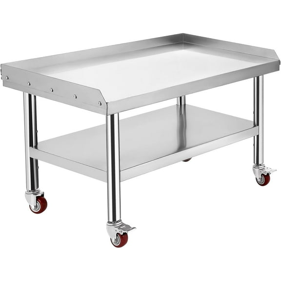 Stainless Steel 36x30x24 inch Equipment Grill Stand Table, 1000 lbs Top Shelf, 220 lbs Bottom Shelf, 2" Edge Baffle, for Hotel, Home, Commercial Restaurant Kitchen with Wheel