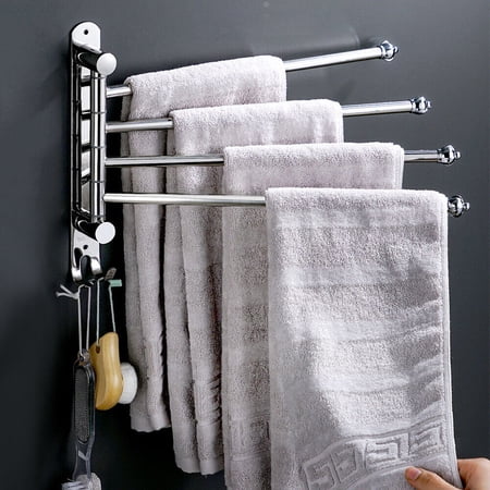 Stainless Steel 4-Arm Swivel Towel Rack with Hooks, Silver