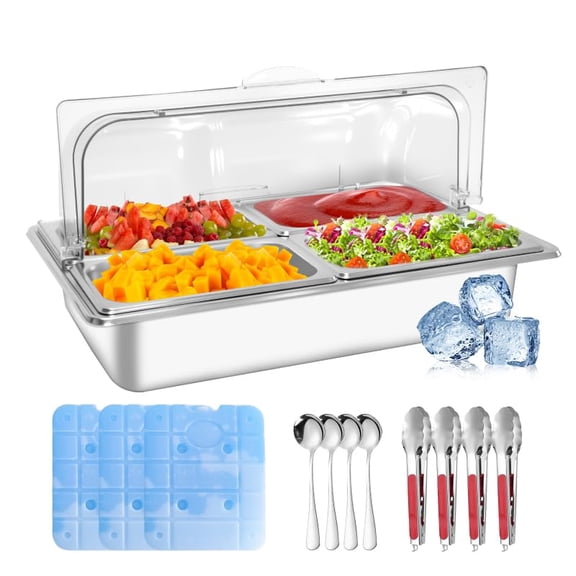 Stainless Steel 4-Compartment Cold Food Serving Tray With Ice Packs