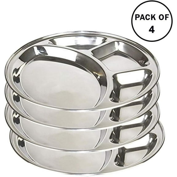 Stainless Steel 4 Compartment Dinner Plate, Serving Platter, Restaurant Mess Tray Great for camping, picnics, school, indoor or outdoor use Set of 4