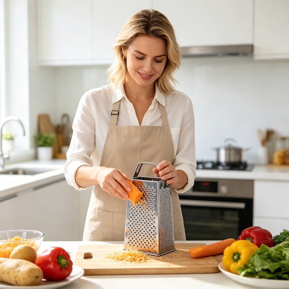 Stainless Steel 4-Sided Box Grater & Shredder | Multi-Function Kitchen Tool for Vegetables, Cheese, Carrots | Fine, Coarse, & Slicing Blades | Non-Slip Handle | 9.4 x 4.3 x 3.3 Inches