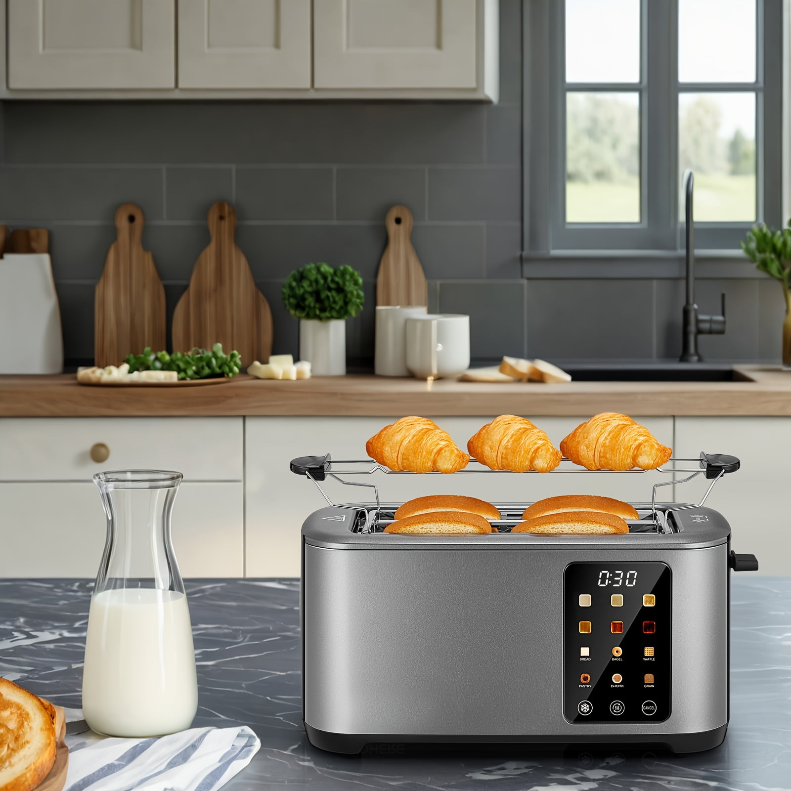 Stainless Steel 4-Slice Toaster with Touch Screen, Extra Wide Slots, 6 Bread Types & 6 Shade Settings, Defrost Reheat Cancel Functions, Removable Crumb Tray, Silver